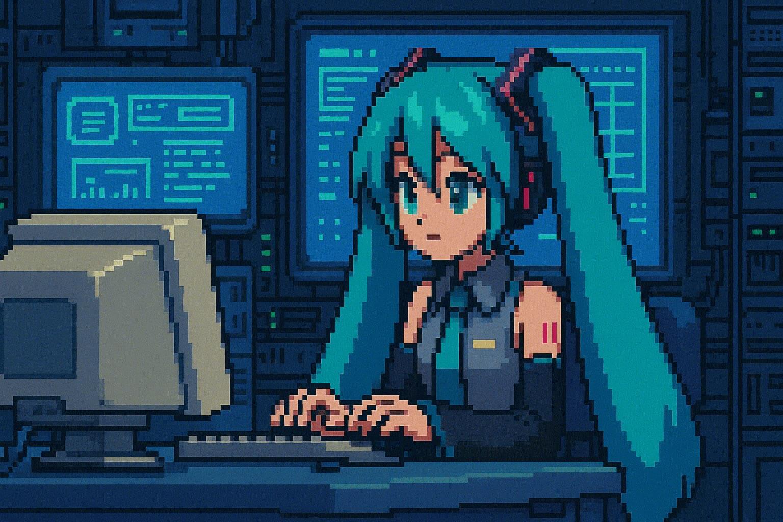 Pixel art of Miku typing on computer
